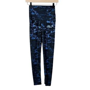Emily Hsu AKT Metallic Print Leggings Sz S Black Blue Athletic High Waist Glam